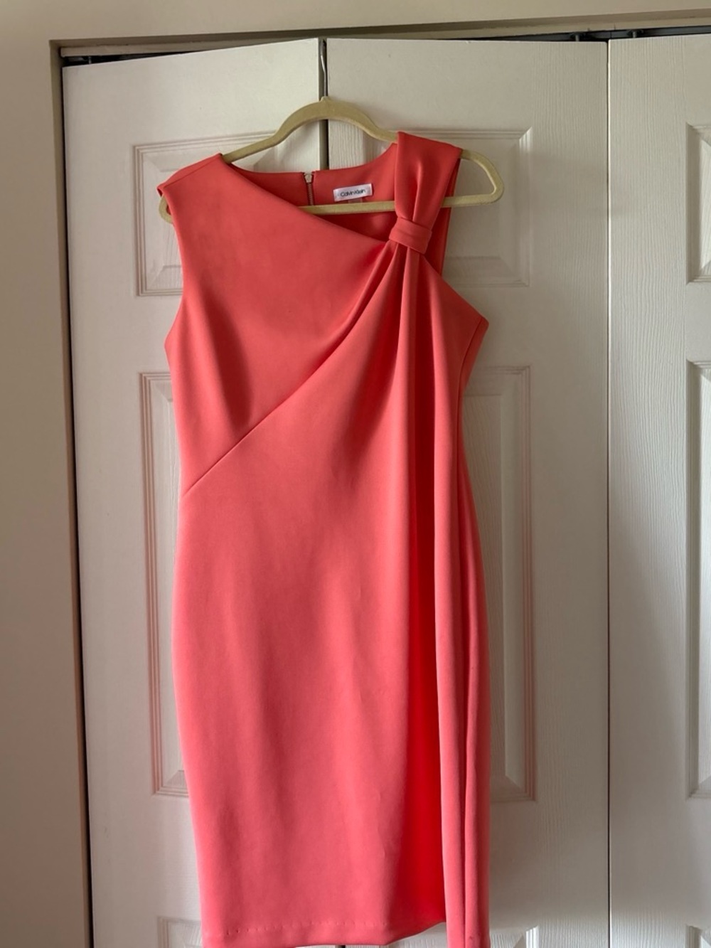 Calvin Klein One-Shoulder Coral Sheath Dress with Knot Detail